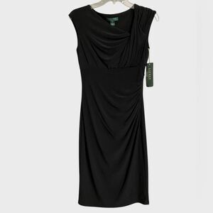 NWT Lauren Ralph Lauren Black Ruched Asymetrical Neck Dress Size 2 Cap Sleeves